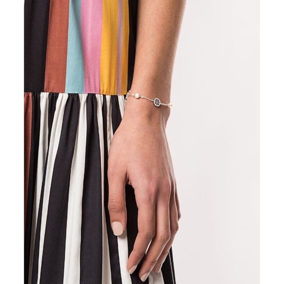 TORY BURCH • Silver Crystal Logo Gray Pearl Bracelet - Picture 2 of 5
